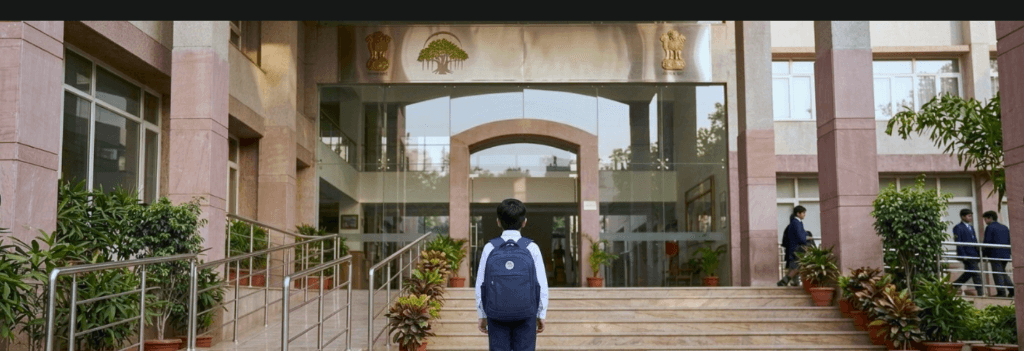 A student walking towards school entrance